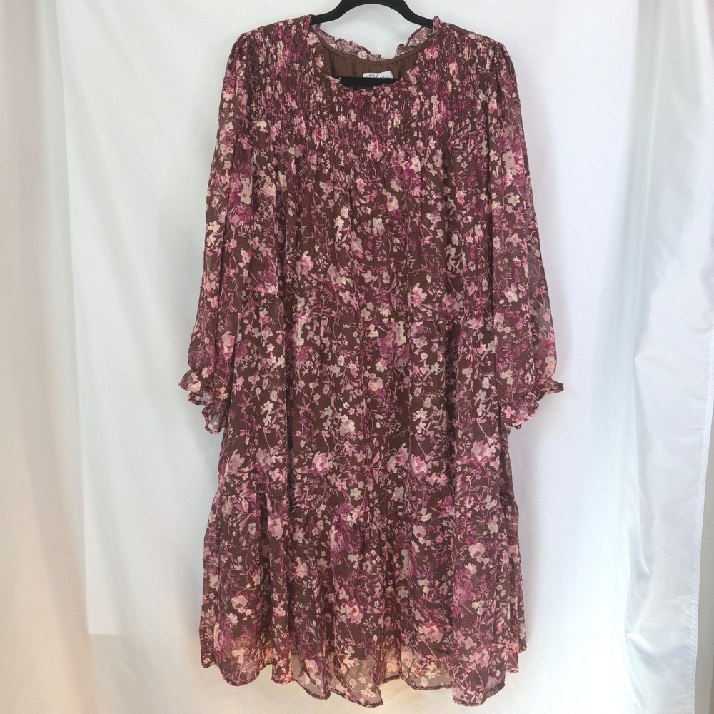 Polagram Floral Smocked Tiered Dress Brown Burgundy 2X‎ Boho Romantic Shimmer
